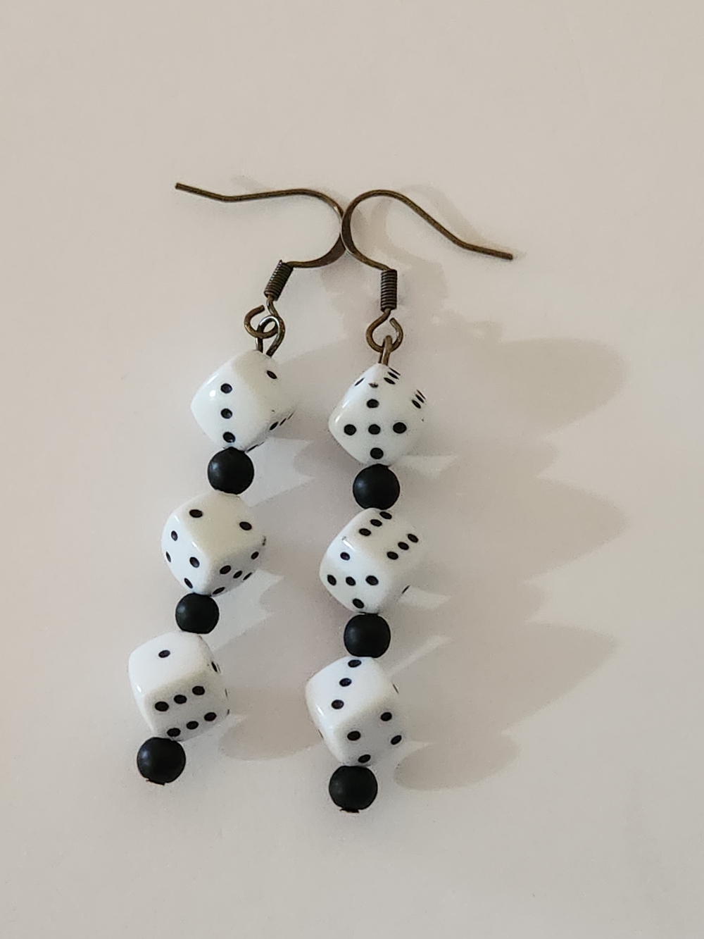 Hand Crafted White and Black Dice Bead Drop Earrings